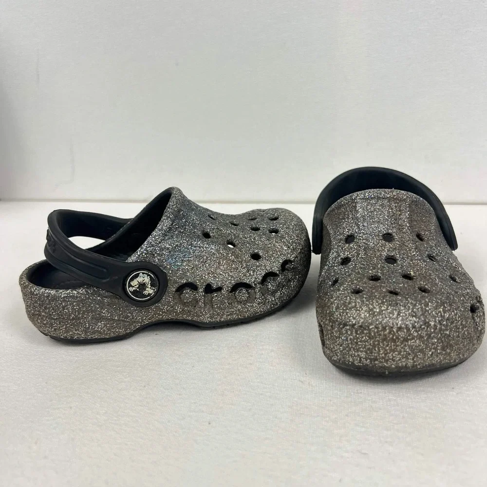 GUC Crocs Classic Glitter Clogs Black Silver Sparkle Shoes Toddler Size 7C